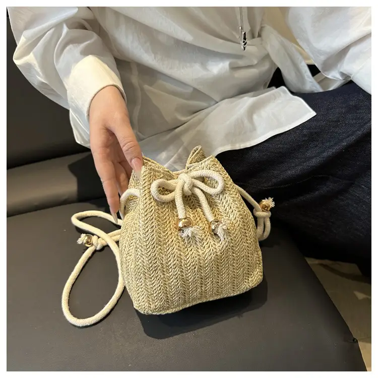 Women's Drawstring Bucket Bag Cream Woven 2025 — feature 11