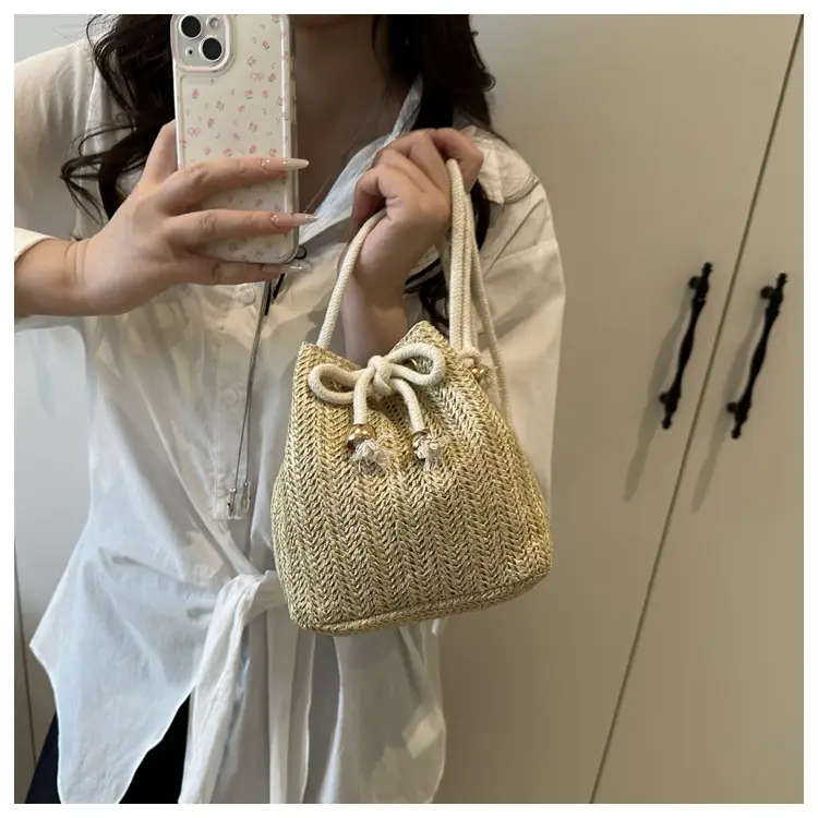 Women's Drawstring Bucket Bag Cream Woven 2025 — feature 12