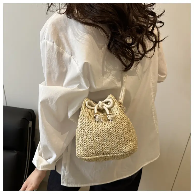 Women's Drawstring Bucket Bag Cream Woven 2025 — feature 13