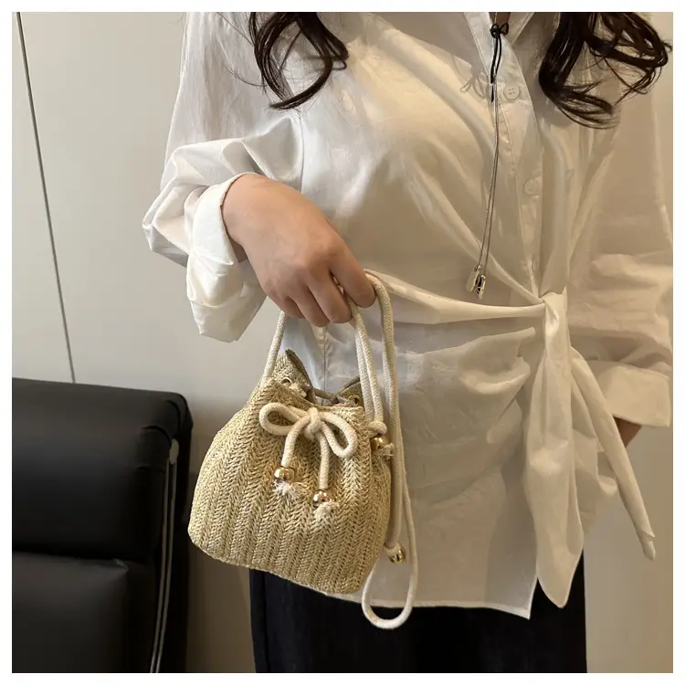 Women's Drawstring Bucket Bag Cream Woven 2025 — feature 14