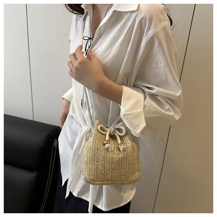 Women's Drawstring Bucket Bag Cream Woven 2025 — feature 15