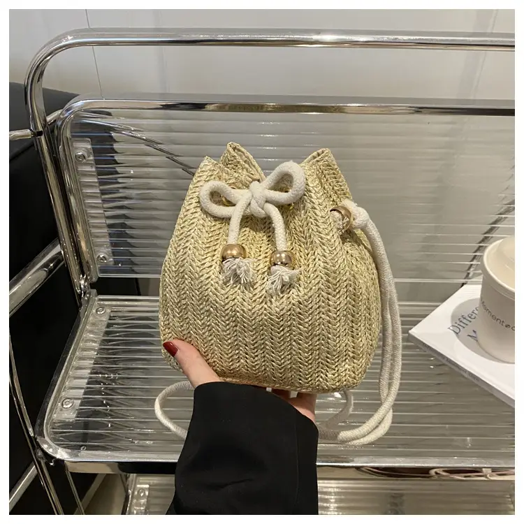 Women's Drawstring Bucket Bag Cream Woven 2025 — feature 19