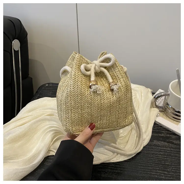 Women's Drawstring Bucket Bag Cream Woven 2025 — feature 21