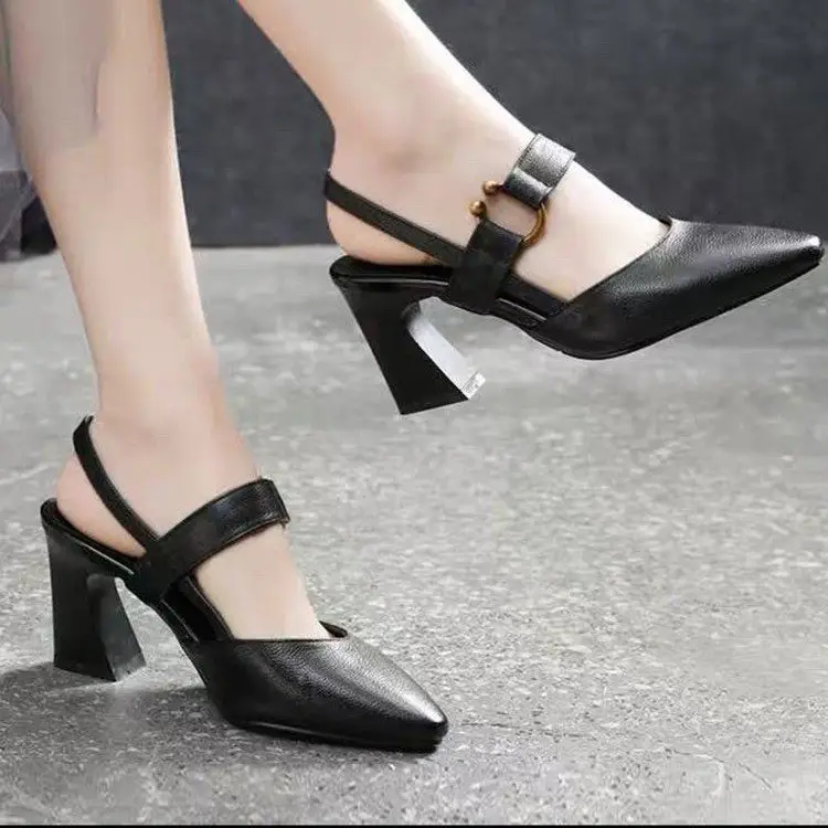 Summer new back empty sandals women's casual square horseshoe heel thick heel high heel fashion casual leather women's shoes wholesale