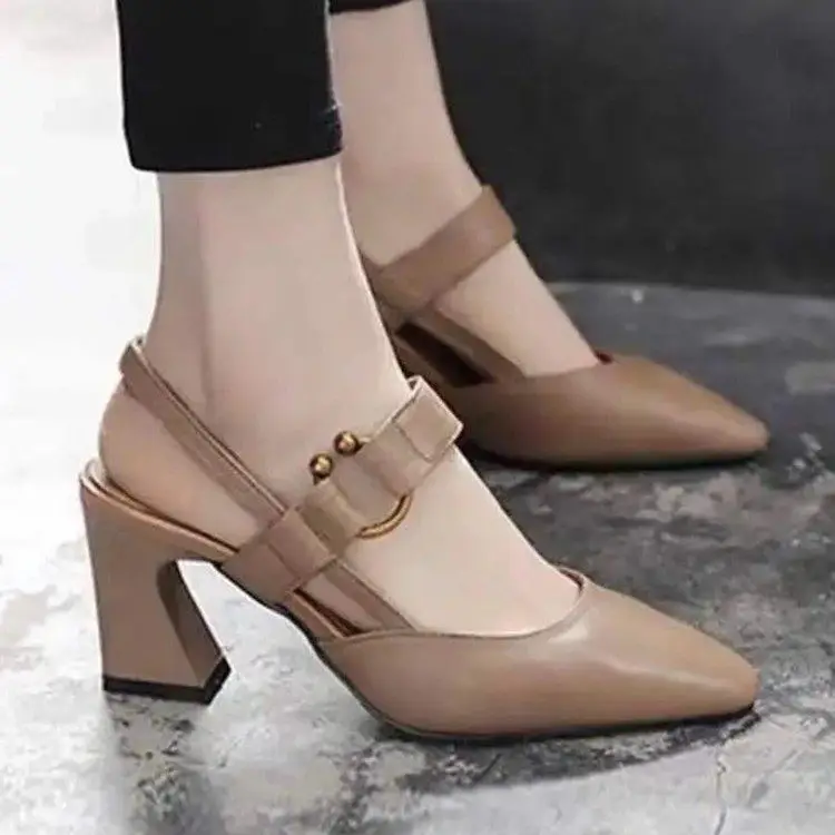 Summer new back empty sandals women's casual square horseshoe heel thick heel high heel fashion casual leather women's shoes wholesale