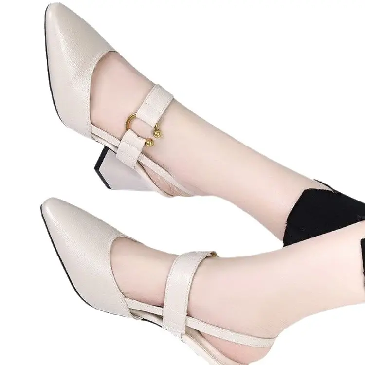 Summer new back empty sandals women's casual square horseshoe heel thick heel high heel fashion casual leather women's shoes wholesale