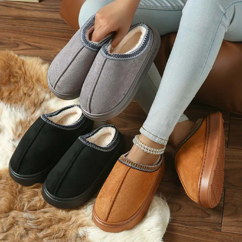 2026 New Cross-Border Model Solid Color Faux Suede Patchwork Home Slippers Thick-Soled Non-Slip Lightweight Warm Cotton Slippers for Women