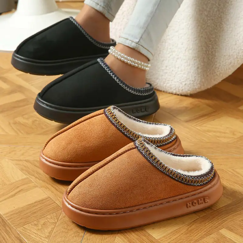 2026 New Cross-Border Model Solid Color Faux Suede Patchwork Home Slippers Thick-Soled Non-Slip Lightweight Warm Cotton Slippers for Women