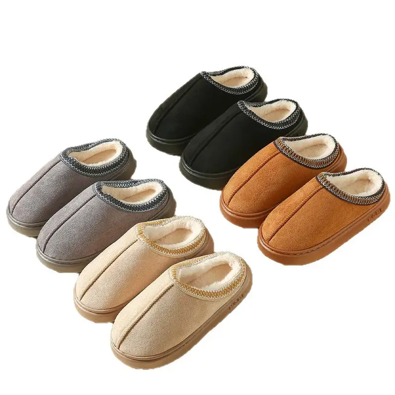 2026 New Cross-Border Model Solid Color Faux Suede Patchwork Home Slippers Thick-Soled Non-Slip Lightweight Warm Cotton Slippers for Women