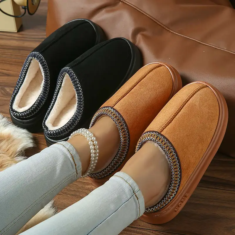 2026 New Cross-Border Model Solid Color Faux Suede Patchwork Home Slippers Thick-Soled Non-Slip Lightweight Warm Cotton Slippers for Women — feature 11