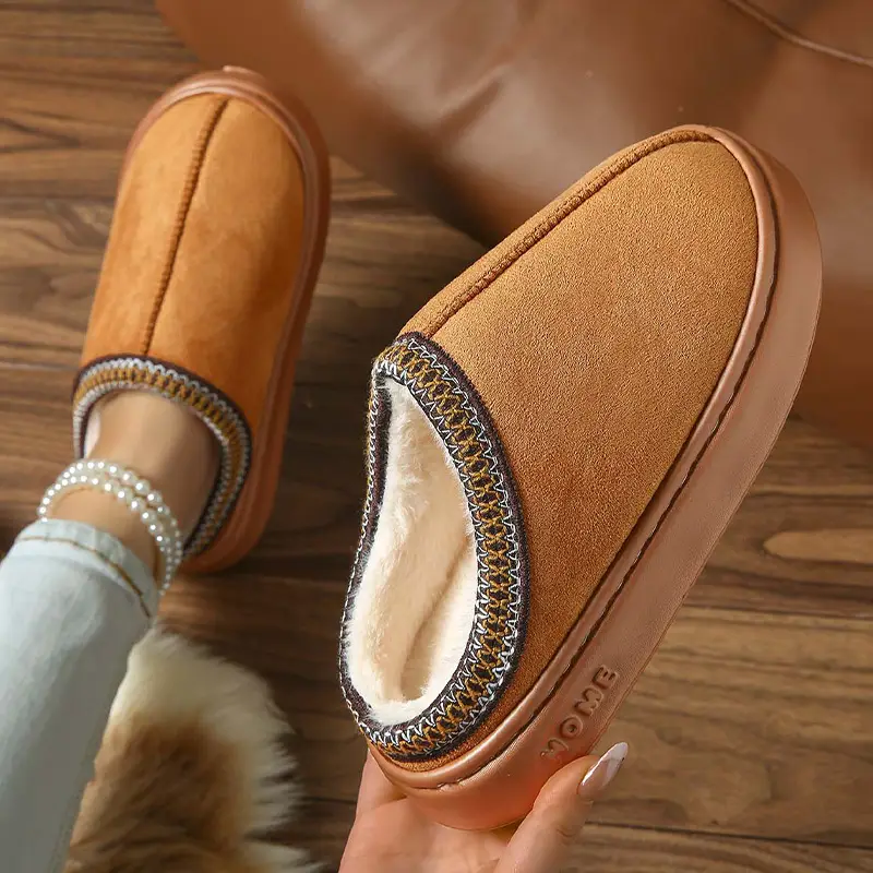 2026 New Cross-Border Model Solid Color Faux Suede Patchwork Home Slippers Thick-Soled Non-Slip Lightweight Warm Cotton Slippers for Women — feature 21