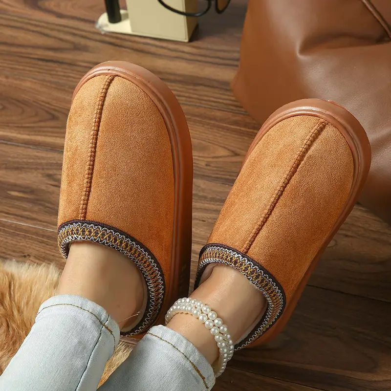 2026 New Cross-Border Model Solid Color Faux Suede Patchwork Home Slippers Thick-Soled Non-Slip Lightweight Warm Cotton Slippers for Women — feature 22
