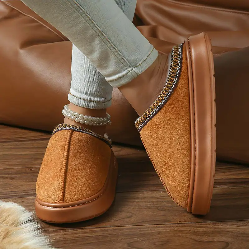 2026 New Cross-Border Model Solid Color Faux Suede Patchwork Home Slippers Thick-Soled Non-Slip Lightweight Warm Cotton Slippers for Women — feature 23