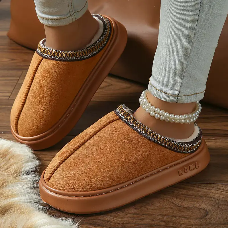 2026 New Cross-Border Model Solid Color Faux Suede Patchwork Home Slippers Thick-Soled Non-Slip Lightweight Warm Cotton Slippers for Women — feature 24