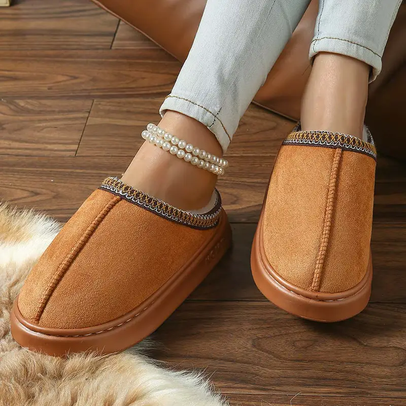 2026 New Cross-Border Model Solid Color Faux Suede Patchwork Home Slippers Thick-Soled Non-Slip Lightweight Warm Cotton Slippers for Women — feature 25