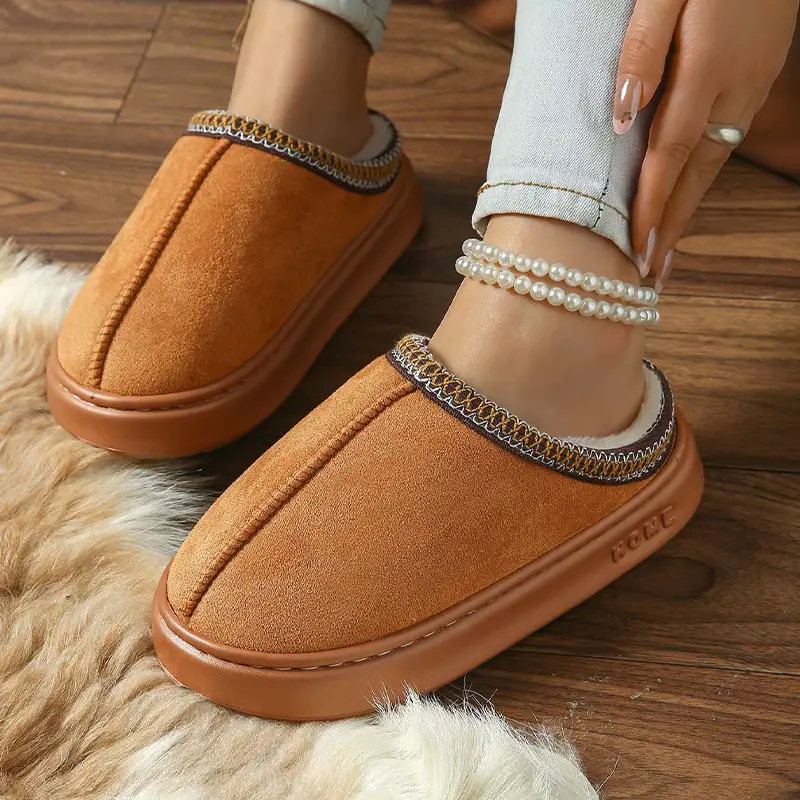 2026 New Cross-Border Model Solid Color Faux Suede Patchwork Home Slippers Thick-Soled Non-Slip Lightweight Warm Cotton Slippers for Women — feature 27