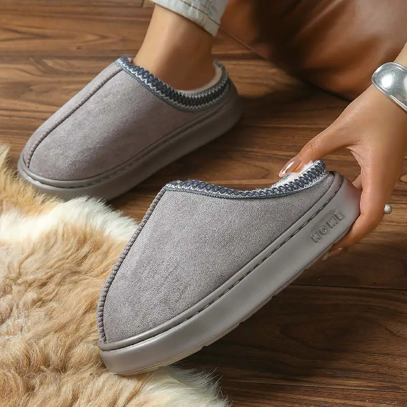 2026 New Cross-Border Model Solid Color Faux Suede Patchwork Home Slippers Thick-Soled Non-Slip Lightweight Warm Cotton Slippers for Women — feature 28