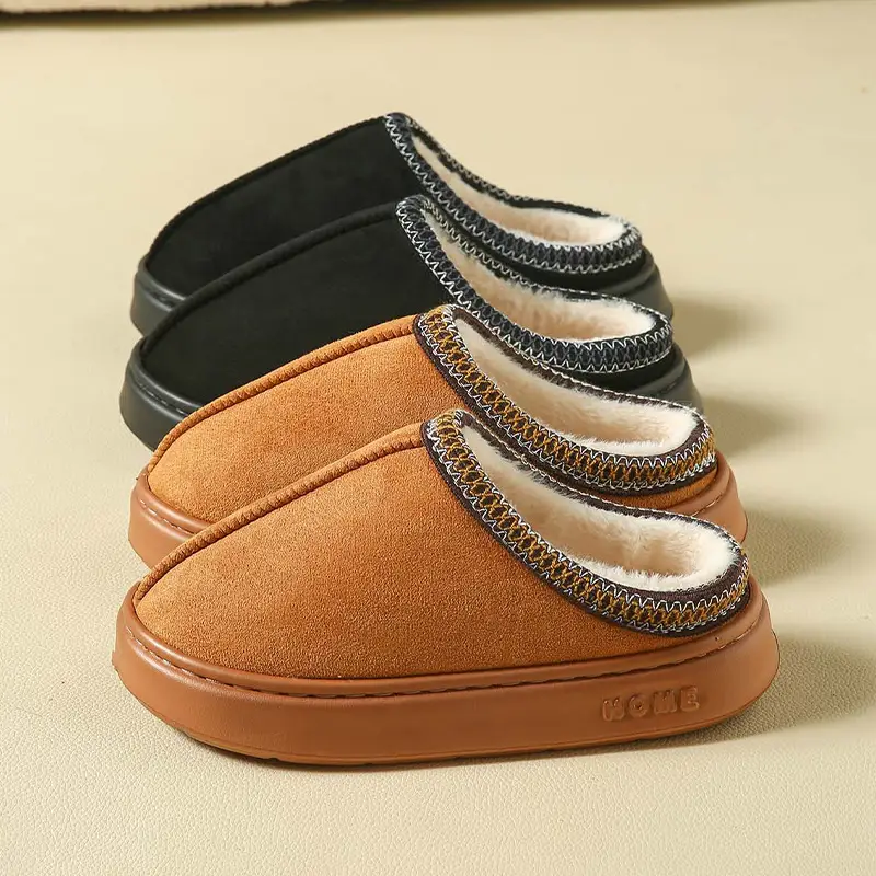 2026 New Cross-Border Model Solid Color Faux Suede Patchwork Home Slippers Thick-Soled Non-Slip Lightweight Warm Cotton Slippers for Women — feature 3