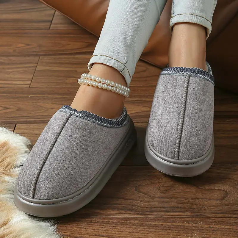 2026 New Cross-Border Model Solid Color Faux Suede Patchwork Home Slippers Thick-Soled Non-Slip Lightweight Warm Cotton Slippers for Women — feature 30