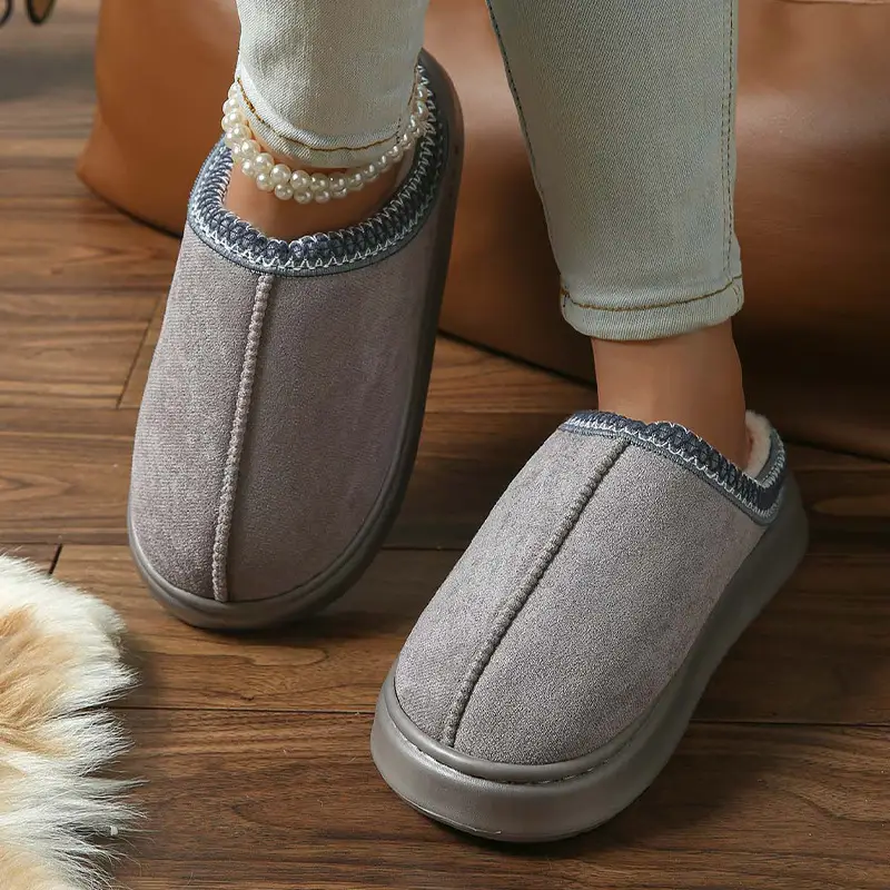 2026 New Cross-Border Model Solid Color Faux Suede Patchwork Home Slippers Thick-Soled Non-Slip Lightweight Warm Cotton Slippers for Women — feature 33