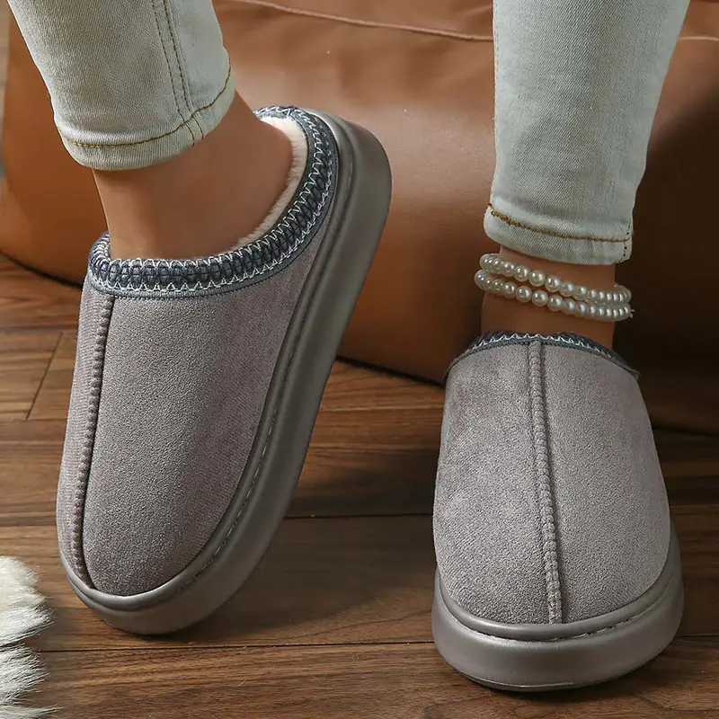 2026 New Cross-Border Model Solid Color Faux Suede Patchwork Home Slippers Thick-Soled Non-Slip Lightweight Warm Cotton Slippers for Women — feature 34