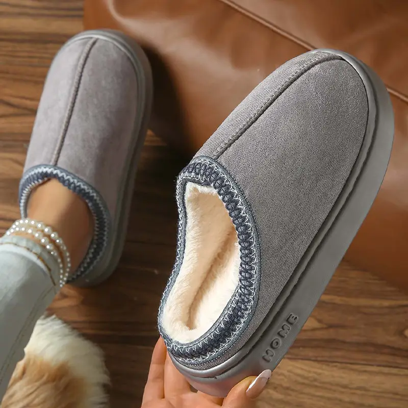 2026 New Cross-Border Model Solid Color Faux Suede Patchwork Home Slippers Thick-Soled Non-Slip Lightweight Warm Cotton Slippers for Women — feature 35
