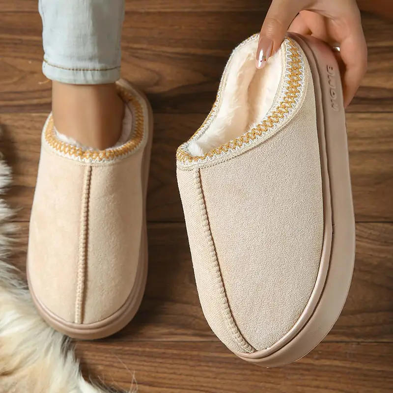 2026 New Cross-Border Model Solid Color Faux Suede Patchwork Home Slippers Thick-Soled Non-Slip Lightweight Warm Cotton Slippers for Women — feature 37