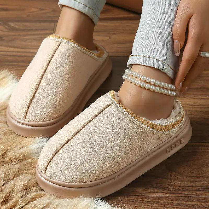 2026 New Cross-Border Model Solid Color Faux Suede Patchwork Home Slippers Thick-Soled Non-Slip Lightweight Warm Cotton Slippers for Women — feature 38