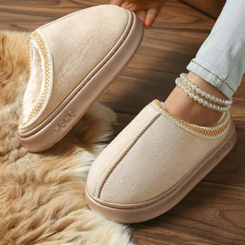 2026 New Cross-Border Model Solid Color Faux Suede Patchwork Home Slippers Thick-Soled Non-Slip Lightweight Warm Cotton Slippers for Women — feature 39
