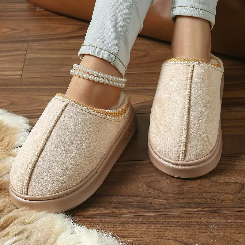 2026 New Cross-Border Model Solid Color Faux Suede Patchwork Home Slippers Thick-Soled Non-Slip Lightweight Warm Cotton Slippers for Women — feature 40