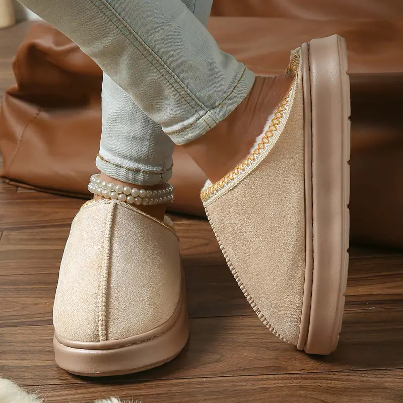 2026 New Cross-Border Model Solid Color Faux Suede Patchwork Home Slippers Thick-Soled Non-Slip Lightweight Warm Cotton Slippers for Women — feature 42