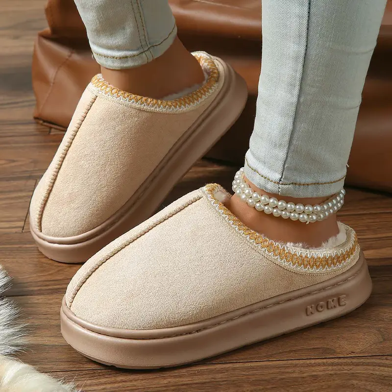 2026 New Cross-Border Model Solid Color Faux Suede Patchwork Home Slippers Thick-Soled Non-Slip Lightweight Warm Cotton Slippers for Women — feature 43