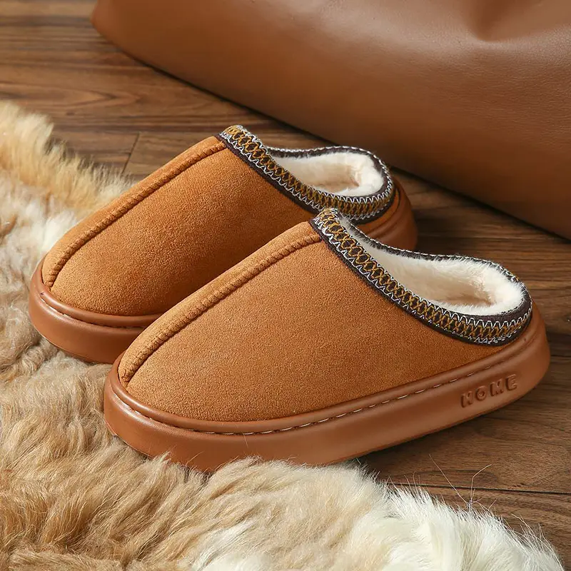 2026 New Cross-Border Model Solid Color Faux Suede Patchwork Home Slippers Thick-Soled Non-Slip Lightweight Warm Cotton Slippers for Women — feature 6