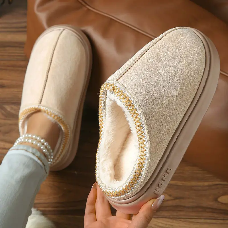 2026 New Cross-Border Model Solid Color Faux Suede Patchwork Home Slippers Thick-Soled Non-Slip Lightweight Warm Cotton Slippers for Women — feature 7