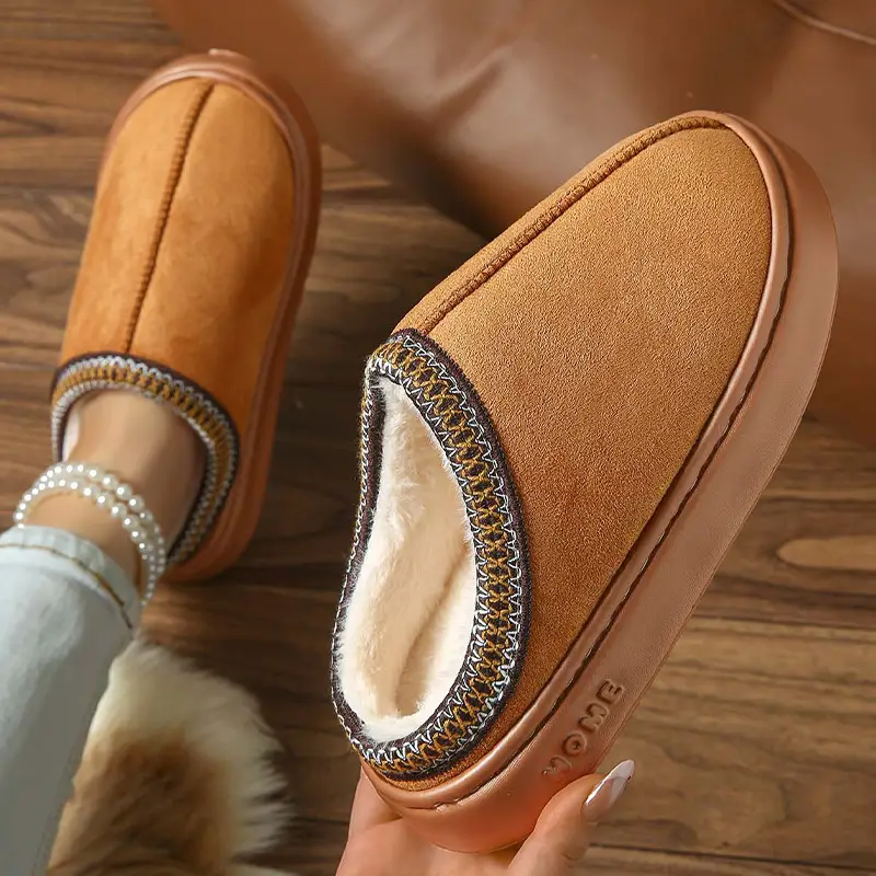 2026 New Cross-Border Model Solid Color Faux Suede Patchwork Home Slippers Thick-Soled Non-Slip Lightweight Warm Cotton Slippers for Women — feature 9