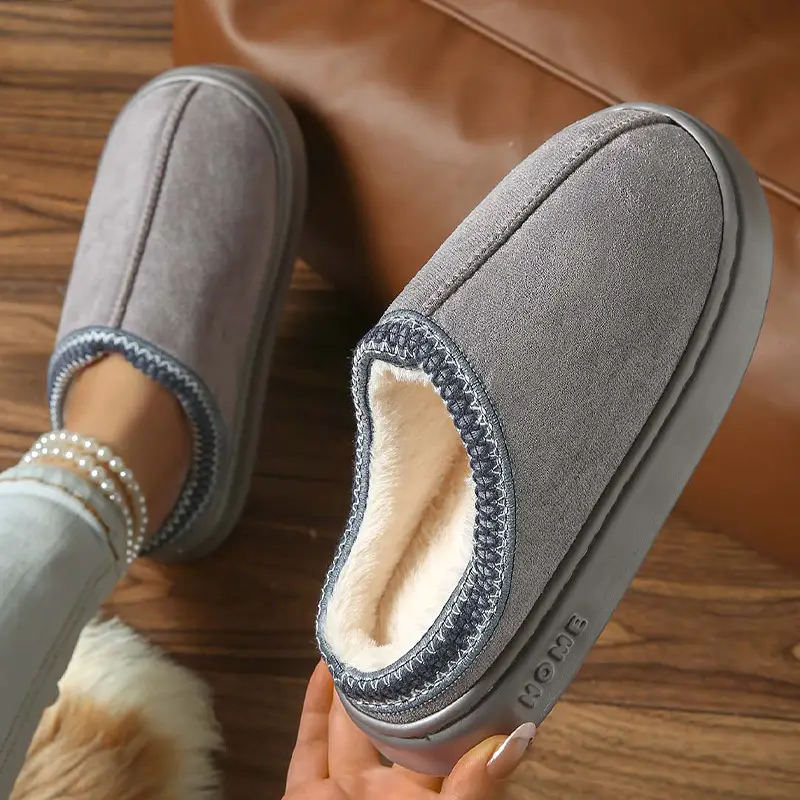 2026 New Cross-Border Model Solid Color Faux Suede Patchwork Home Slippers Thick-Soled Non-Slip Lightweight Warm Cotton Slippers for Women