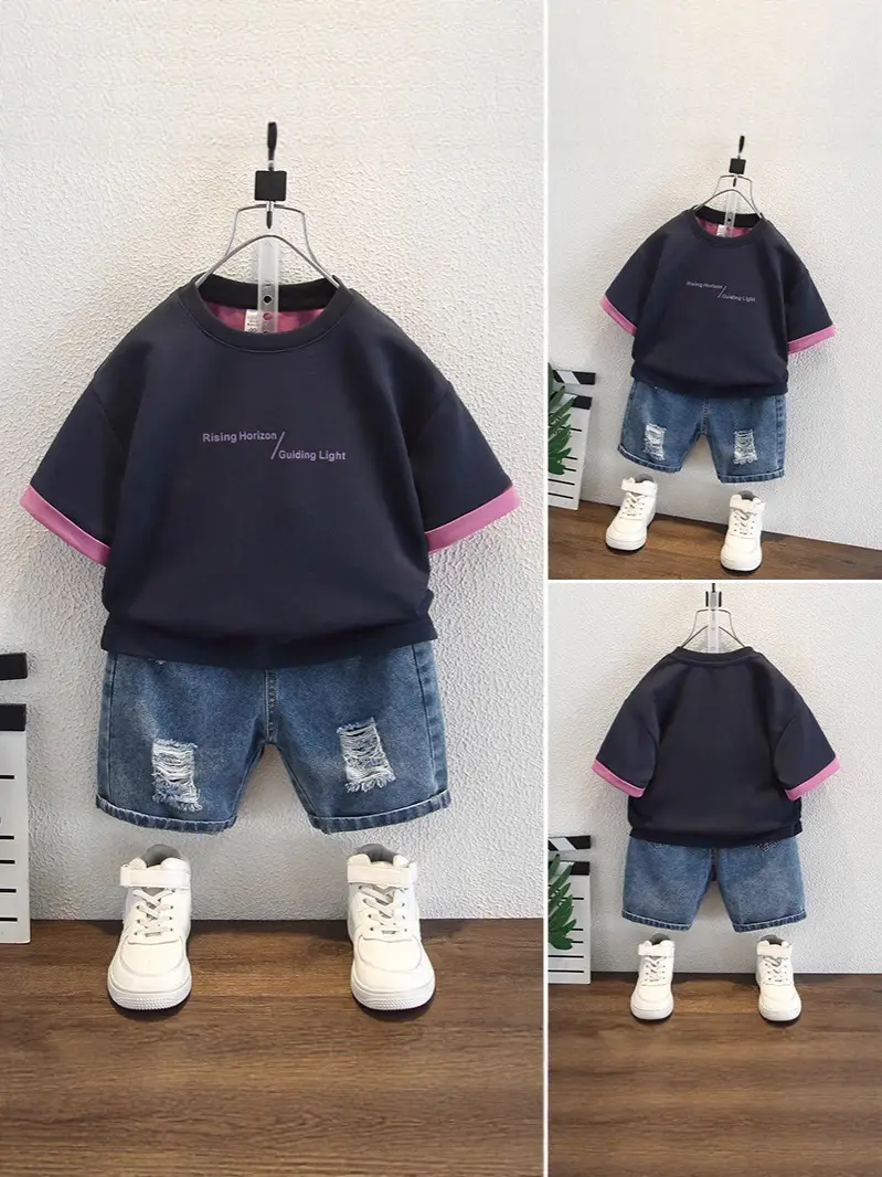8176 Kids T-Shirt Navy Pink Sleeve Summer Wear - Image 4