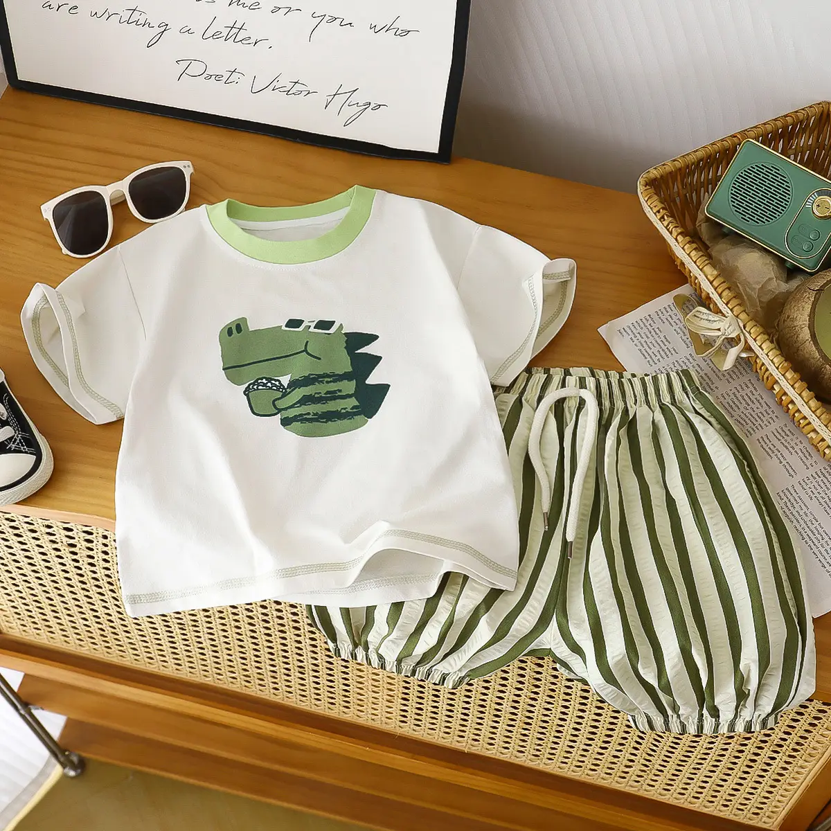 Children's Bear Print Short Sleeve T-Shirt with Striped Pants