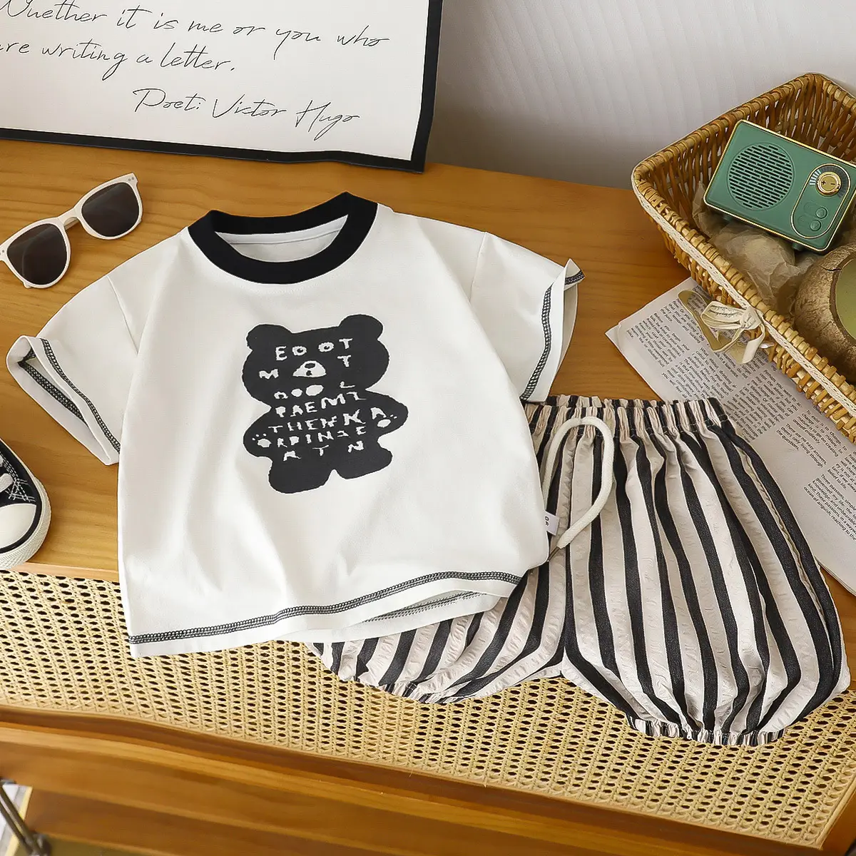 Children's Bear Print Short Sleeve T-Shirt with Striped Pants