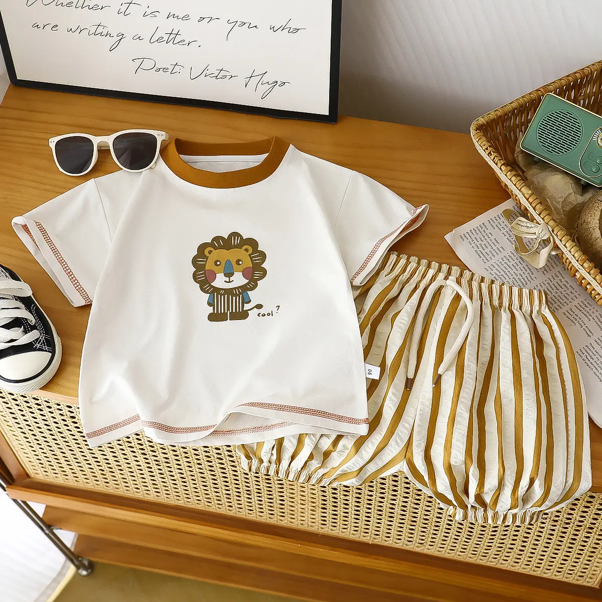 Children's Bear Print Short Sleeve T-Shirt with Striped Pants