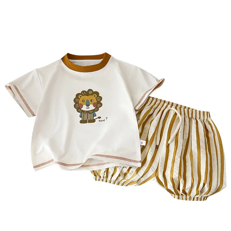 Children's Bear Print Short Sleeve T-Shirt with Striped Pants