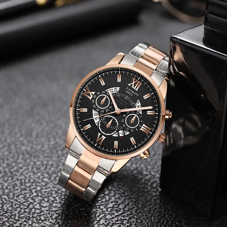 Men's Rose Gold Chronograph Watch with Black Dial — feature 11