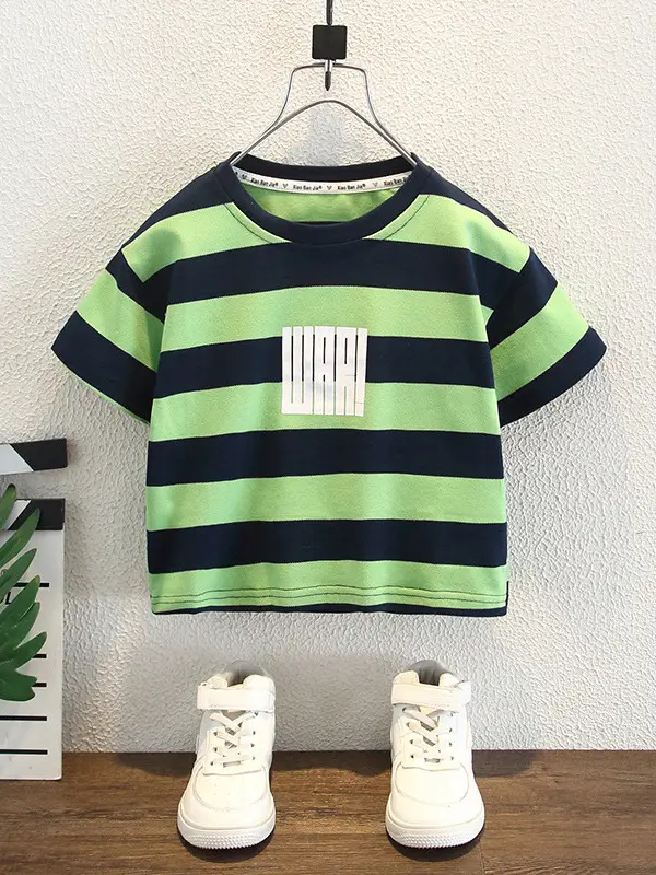 Boys Striped T-Shirt Shorts Set Green Blue 2026 - Image 2