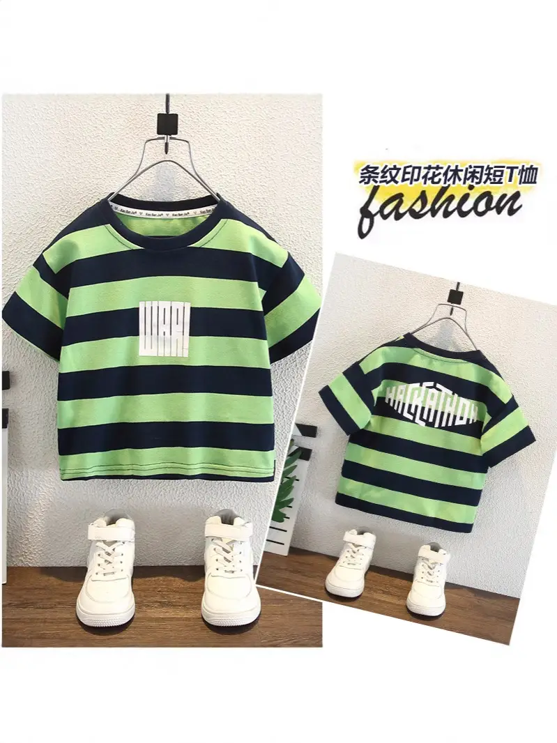 Boys Striped T-Shirt Shorts Set Green Blue 2026 - Image 3