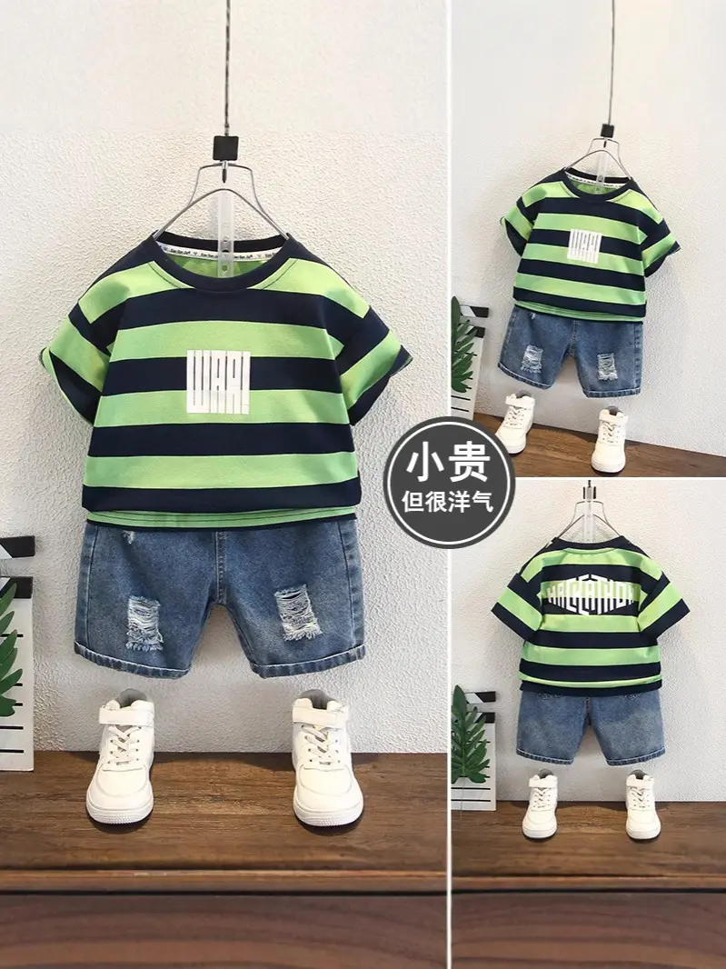 Boys Striped T-Shirt Shorts Set Green Blue 2026 - Image 4