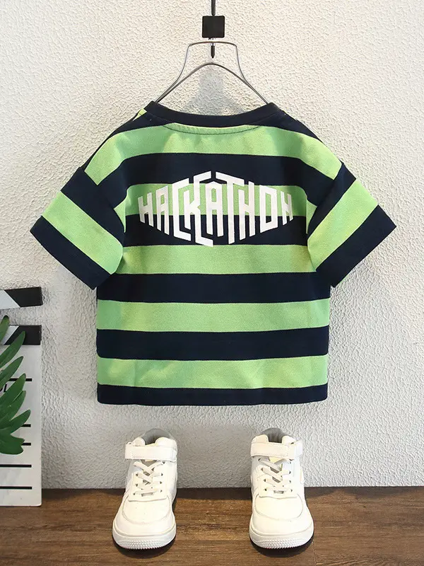 Boys Striped T-Shirt Shorts Set Green Blue 2026 - Image 6