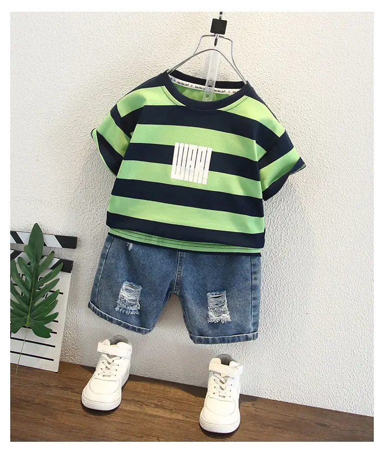 Boys Striped T-Shirt Shorts Set Green Blue 2026 — feature 7