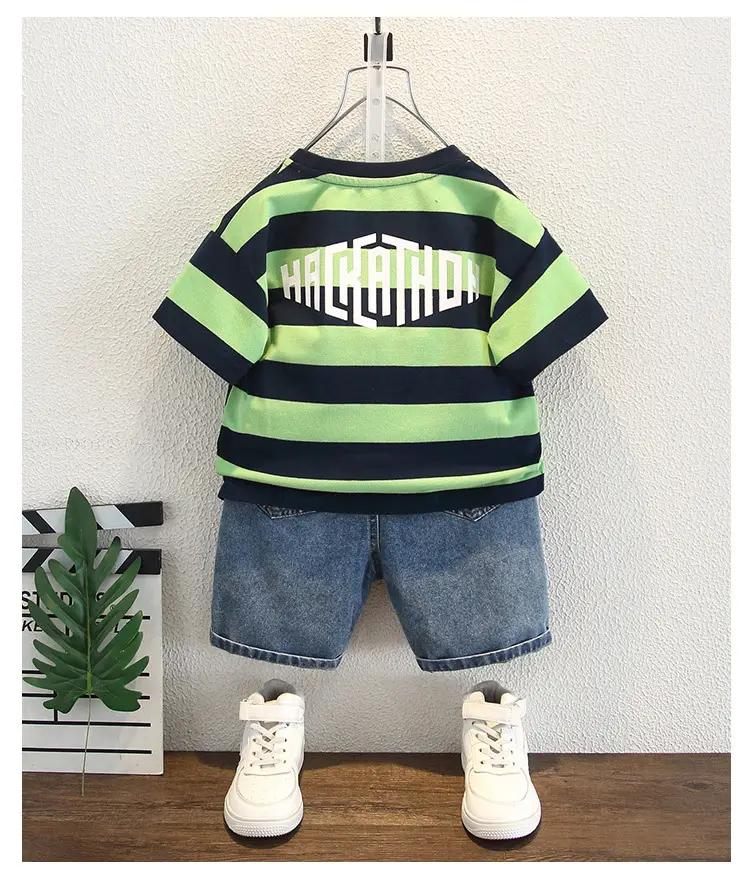 Boys Striped T-Shirt Shorts Set Green Blue 2026 — feature 8