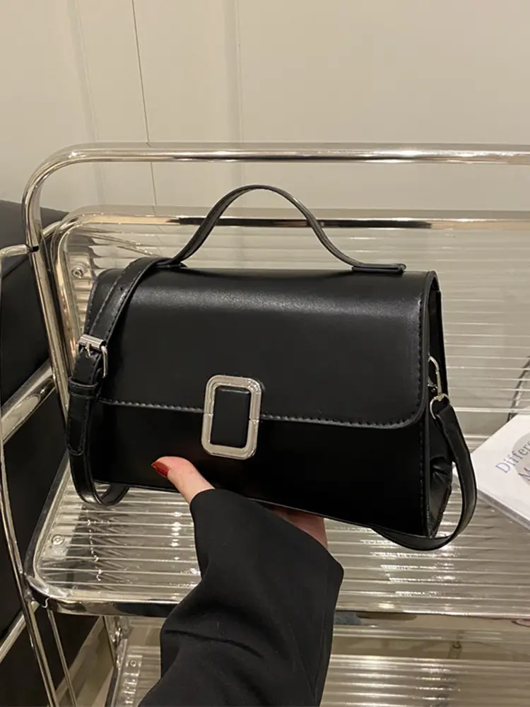 Black Minimalist Shoulder Bag with Silver Clasp - Image 6