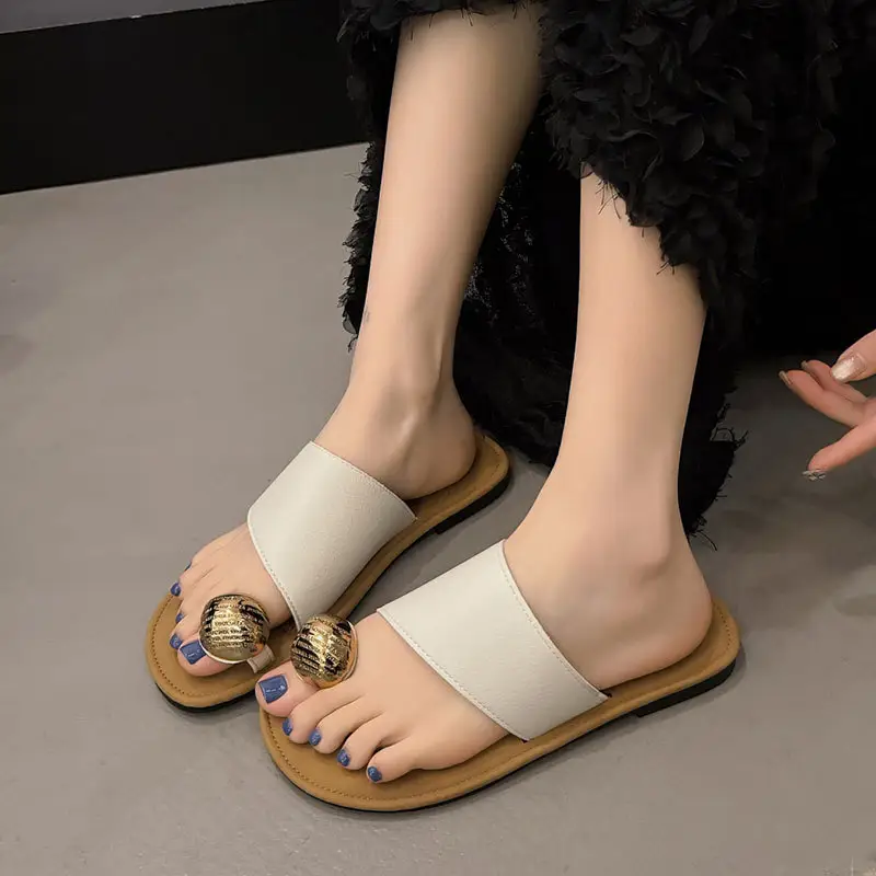 Women's White Leather Slip-On Sandals with Metal Buckles